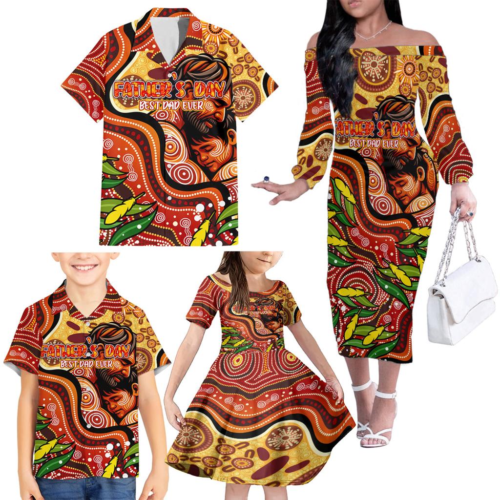 Custom Father's Day Australia Family Matching Off The Shoulder Long Sleeve Dress and Hawaiian Shirt Best Dad Ever Aboriginal Art
