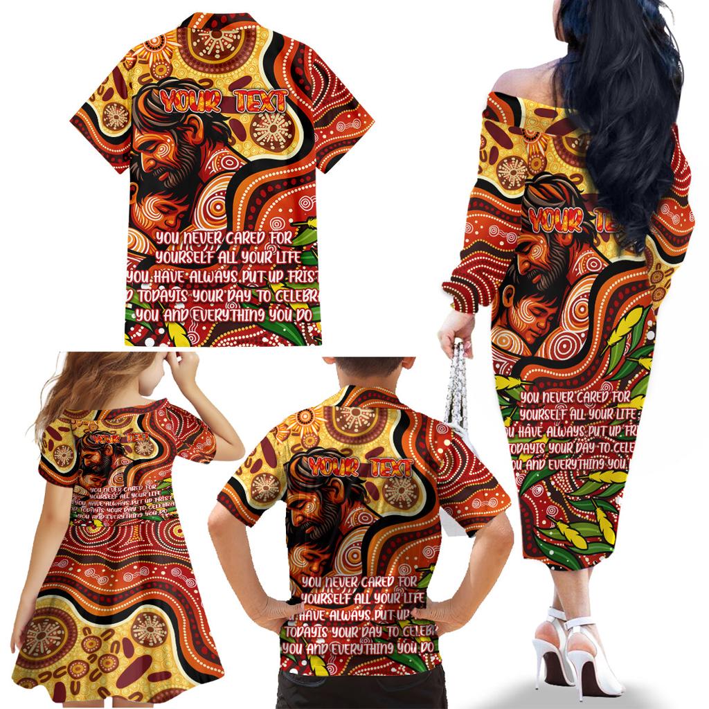 Custom Father's Day Australia Family Matching Off The Shoulder Long Sleeve Dress and Hawaiian Shirt Best Dad Ever Aboriginal Art