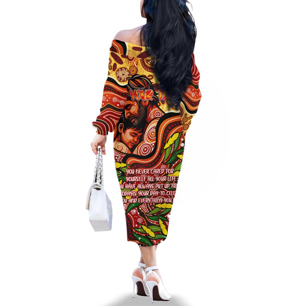 Custom Father's Day Australia Family Matching Off The Shoulder Long Sleeve Dress and Hawaiian Shirt Best Dad Ever Aboriginal Art