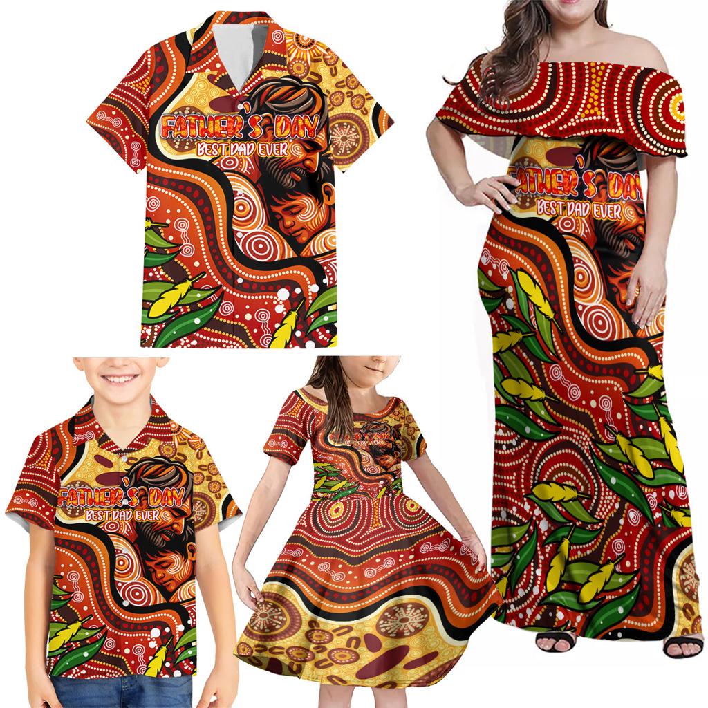 Custom Father's Day Australia Family Matching Off Shoulder Maxi Dress and Hawaiian Shirt Best Dad Ever Aboriginal Art
