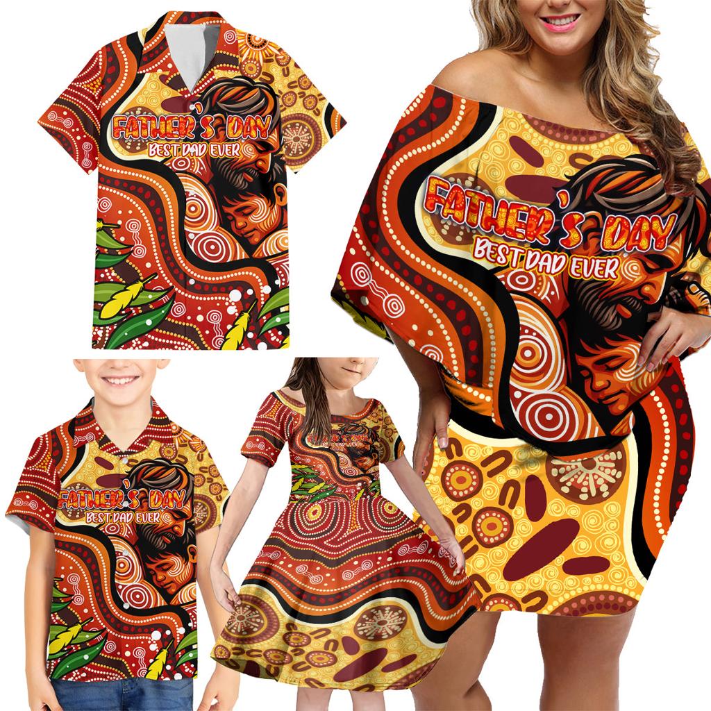 Custom Father's Day Australia Family Matching Off Shoulder Short Dress and Hawaiian Shirt Best Dad Ever Aboriginal Art