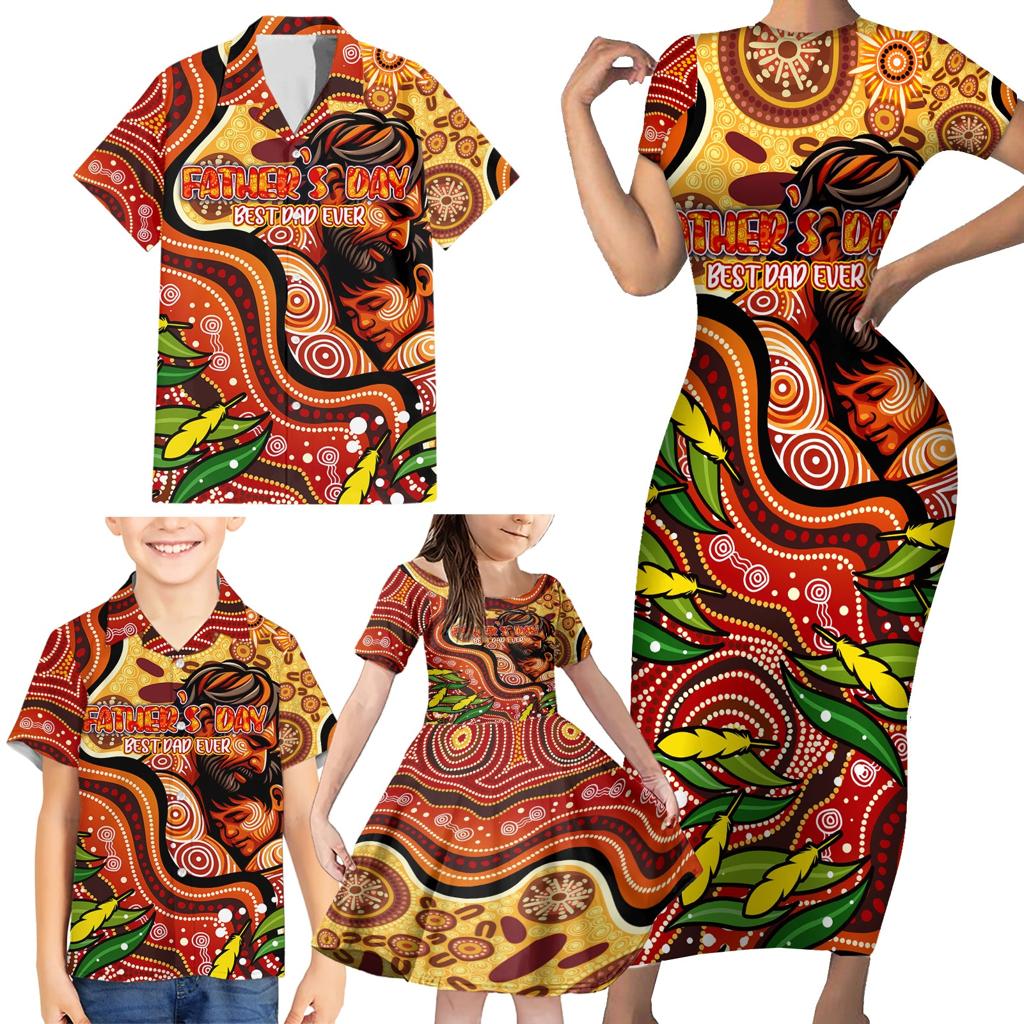 Custom Father's Day Australia Family Matching Short Sleeve Bodycon Dress and Hawaiian Shirt Best Dad Ever Aboriginal Art