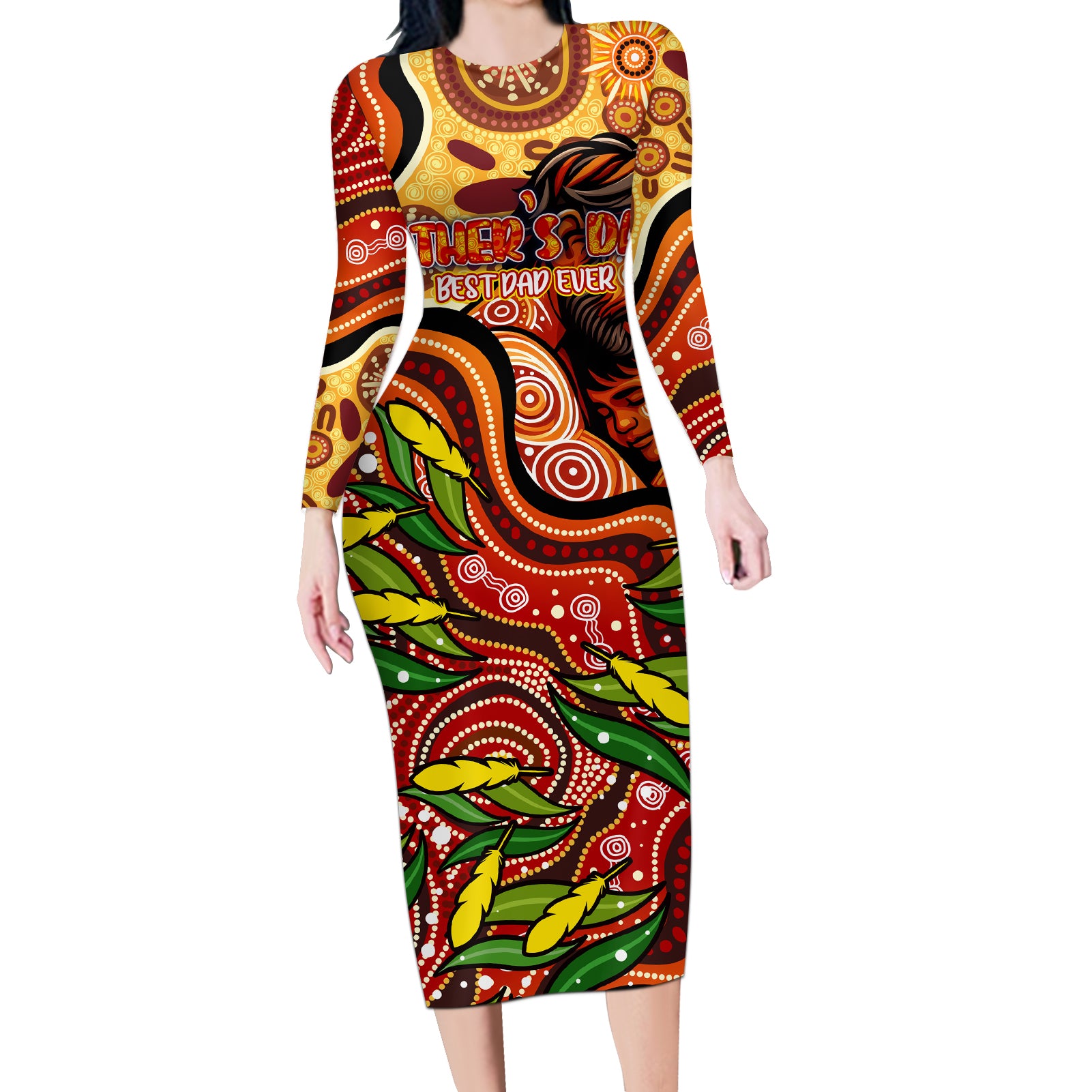 Custom Father's Day Australia Long Sleeve Bodycon Dress Best Dad Ever Aboriginal Art