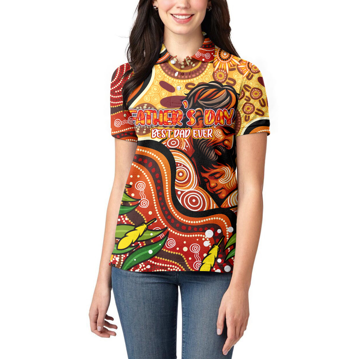 Custom Father's Day Australia Women Polo Shirt Best Dad Ever Aboriginal Art