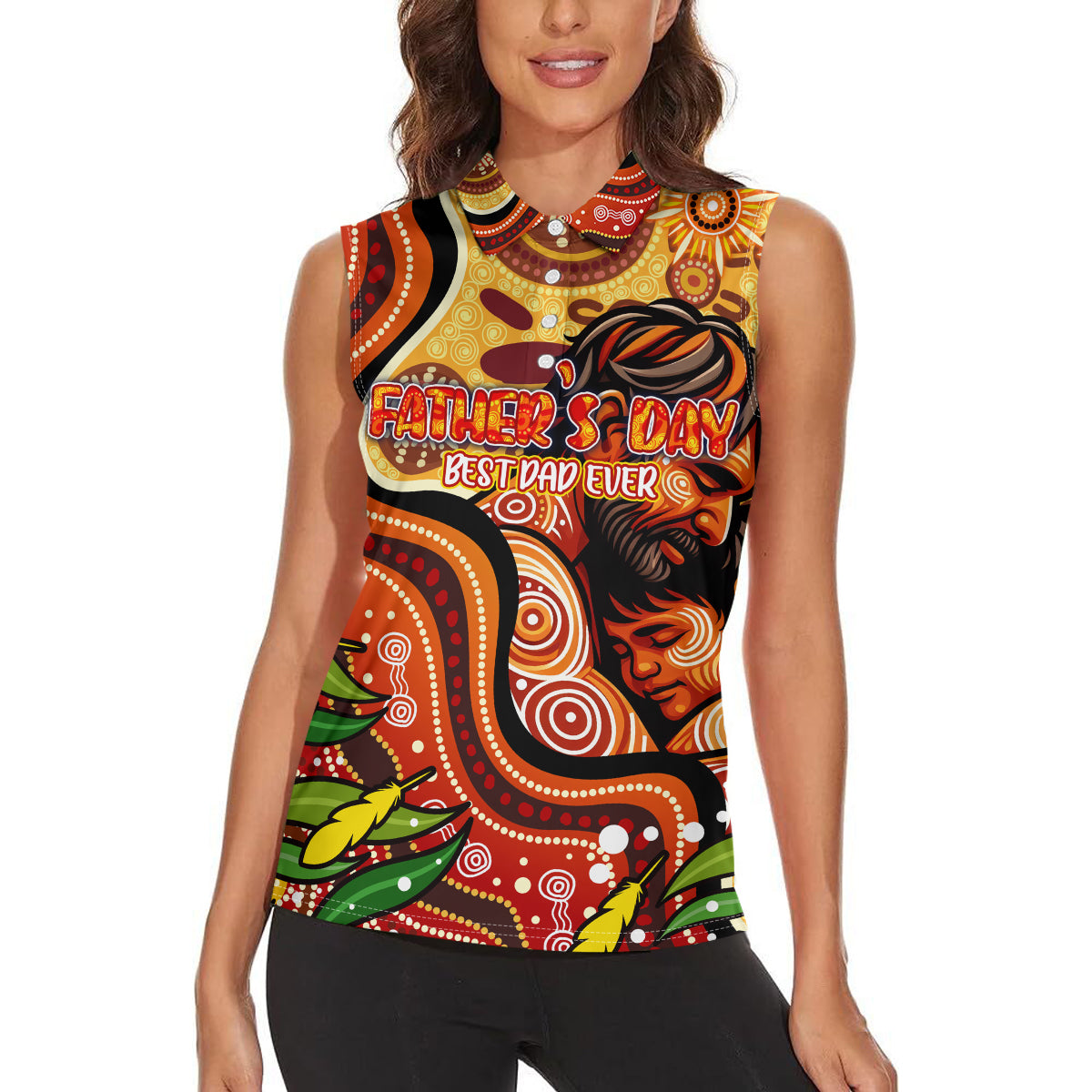 Custom Father's Day Australia Women Sleeveless Polo Shirt Best Dad Ever Aboriginal Art