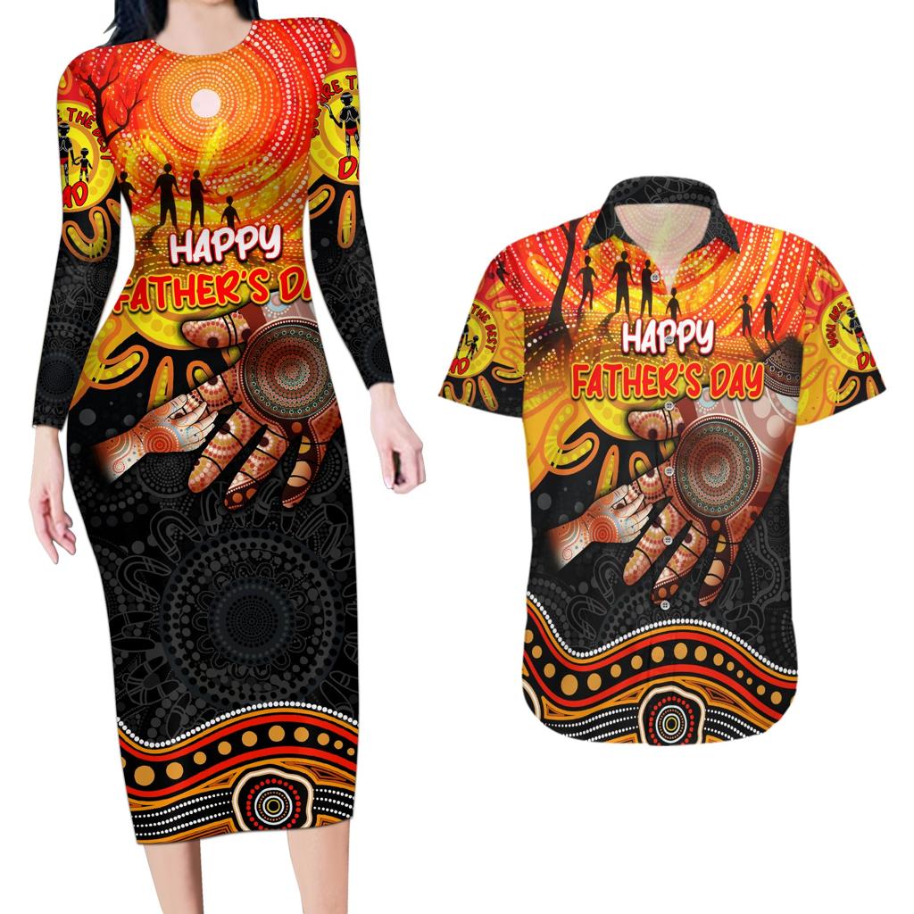 Personalised Happy Father's Day Couples Matching Long Sleeve Bodycon Dress and Hawaiian Shirt Best Dad Australia Aboriginal