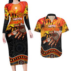 Personalised Happy Father's Day Couples Matching Long Sleeve Bodycon Dress and Hawaiian Shirt Best Dad Australia Aboriginal