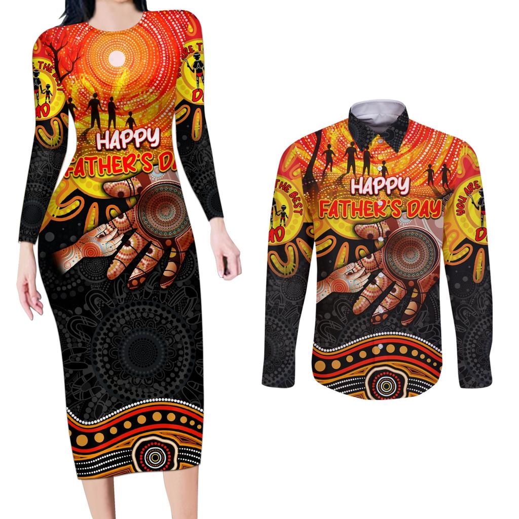 Personalised Happy Father's Day Couples Matching Long Sleeve Bodycon Dress and Long Sleeve Button Shirt Best Dad Australia Aboriginal