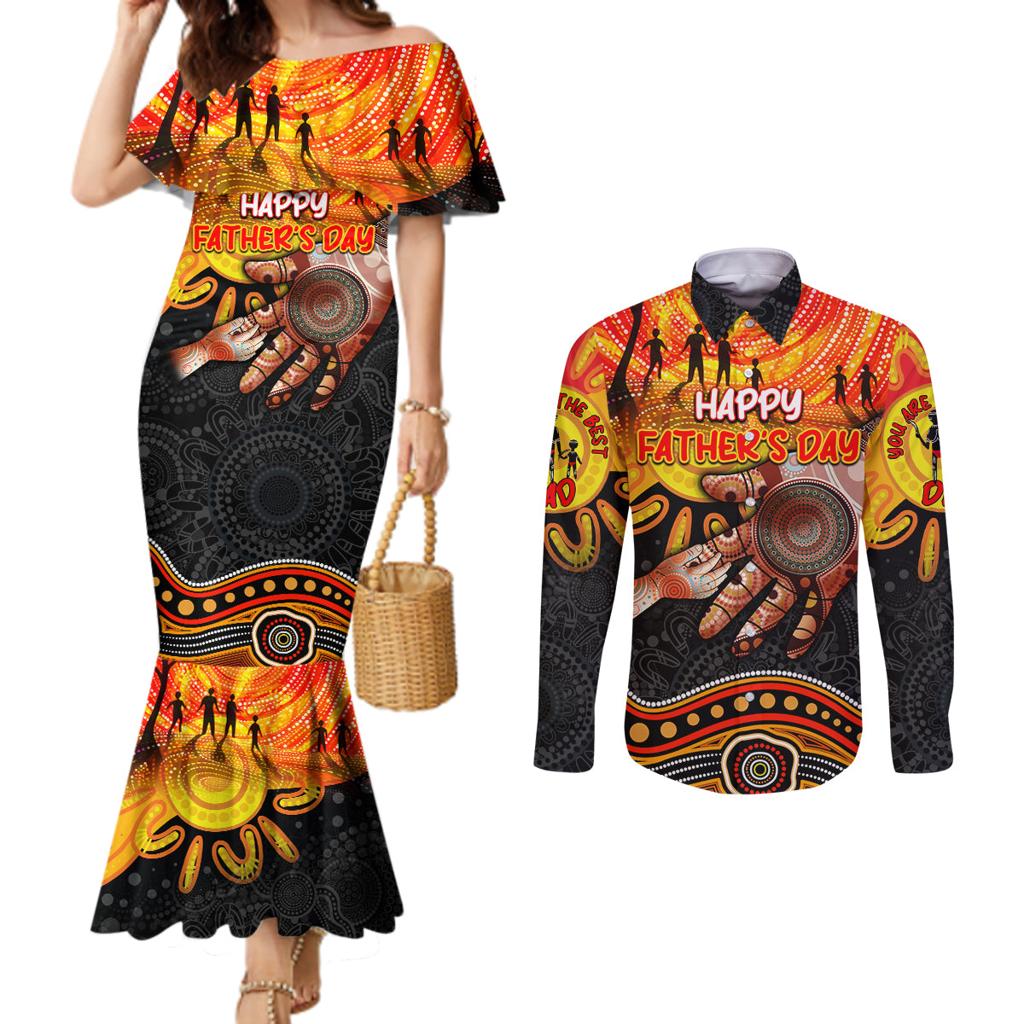 Personalised Happy Father's Day Couples Matching Mermaid Dress and Long Sleeve Button Shirt Best Dad Australia Aboriginal