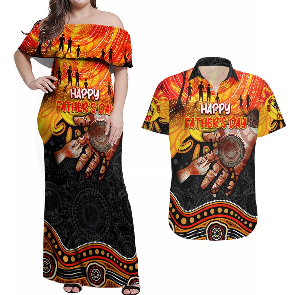 Personalised Happy Father's Day Couples Matching Off Shoulder Maxi Dress and Hawaiian Shirt Best Dad Australia Aboriginal