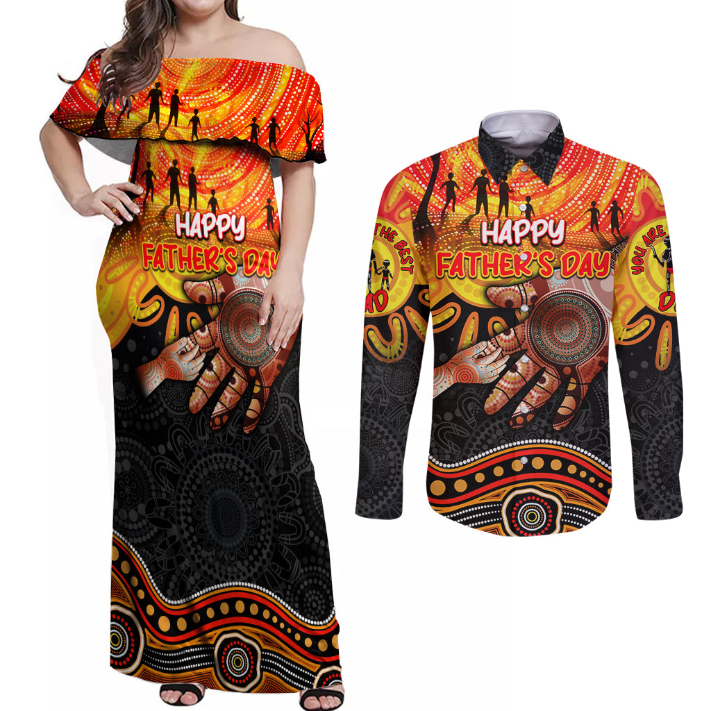 Personalised Happy Father's Day Couples Matching Off Shoulder Maxi Dress and Long Sleeve Button Shirt Best Dad Australia Aboriginal