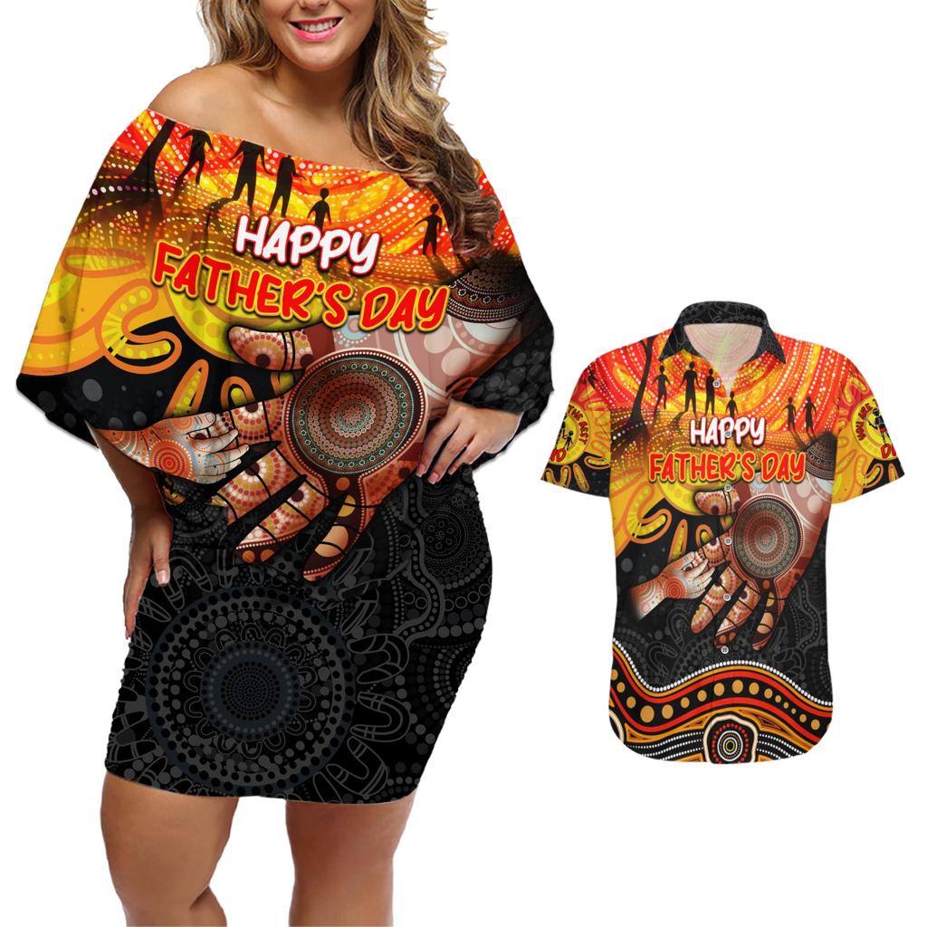 Personalised Happy Father's Day Couples Matching Off Shoulder Short Dress and Hawaiian Shirt Best Dad Australia Aboriginal
