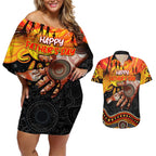 Personalised Happy Father's Day Couples Matching Off Shoulder Short Dress and Hawaiian Shirt Best Dad Australia Aboriginal