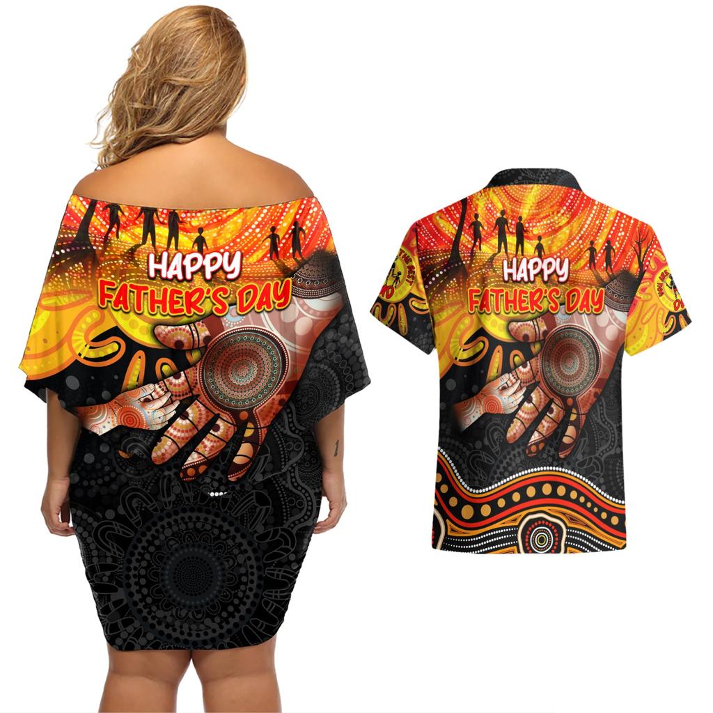 Personalised Happy Father's Day Couples Matching Off Shoulder Short Dress and Hawaiian Shirt Best Dad Australia Aboriginal
