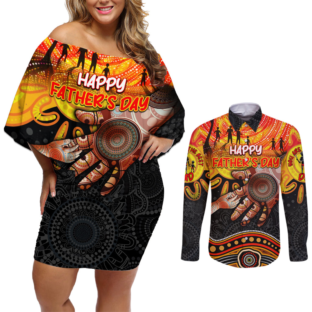 Personalised Happy Father's Day Couples Matching Off Shoulder Short Dress and Long Sleeve Button Shirt Best Dad Australia Aboriginal