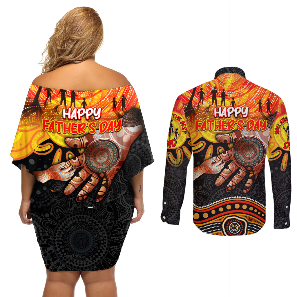 Personalised Happy Father's Day Couples Matching Off Shoulder Short Dress and Long Sleeve Button Shirt Best Dad Australia Aboriginal