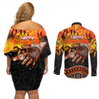 Personalised Happy Father's Day Couples Matching Off Shoulder Short Dress and Long Sleeve Button Shirt Best Dad Australia Aboriginal