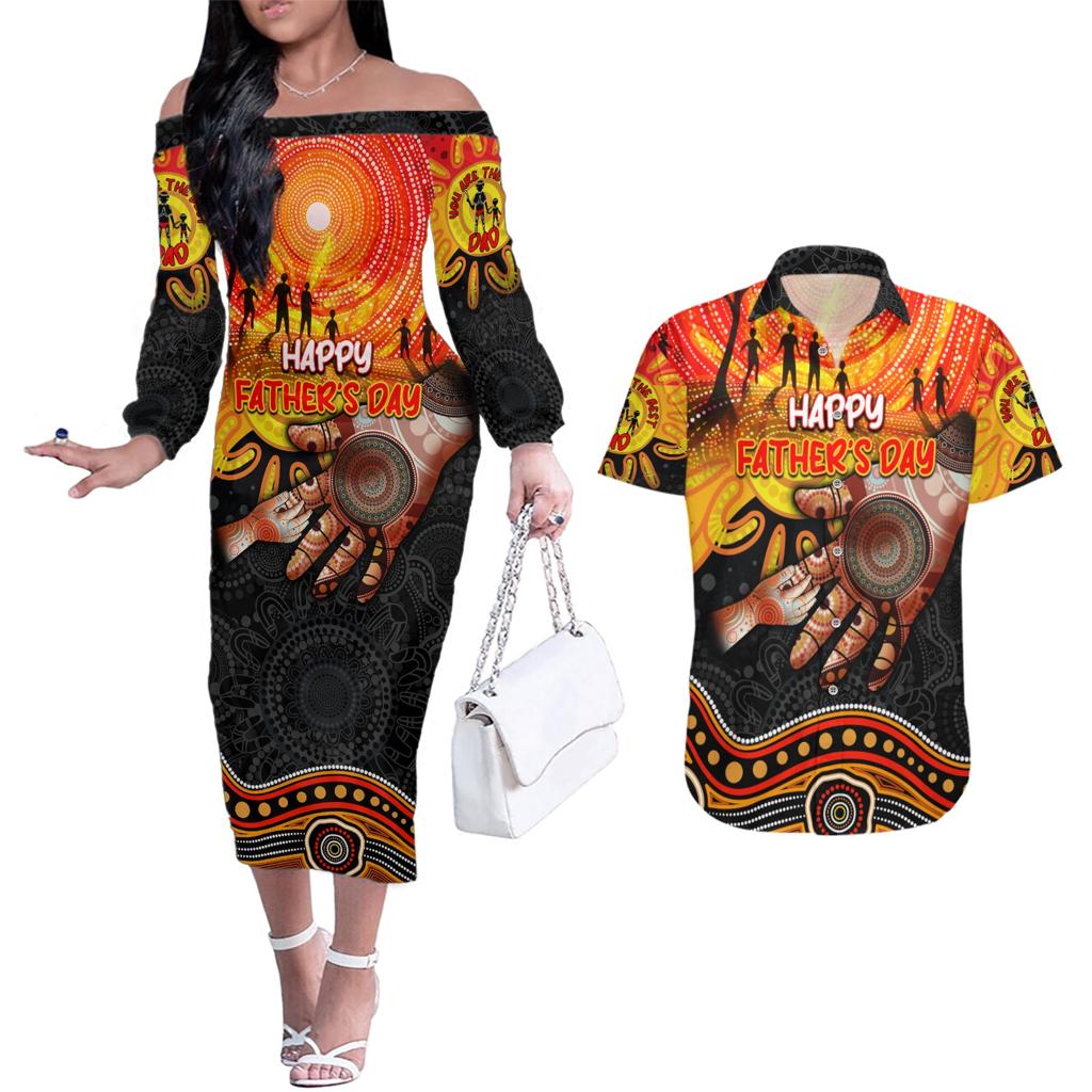 Personalised Happy Father's Day Couples Matching Off The Shoulder Long Sleeve Dress and Hawaiian Shirt Best Dad Australia Aboriginal