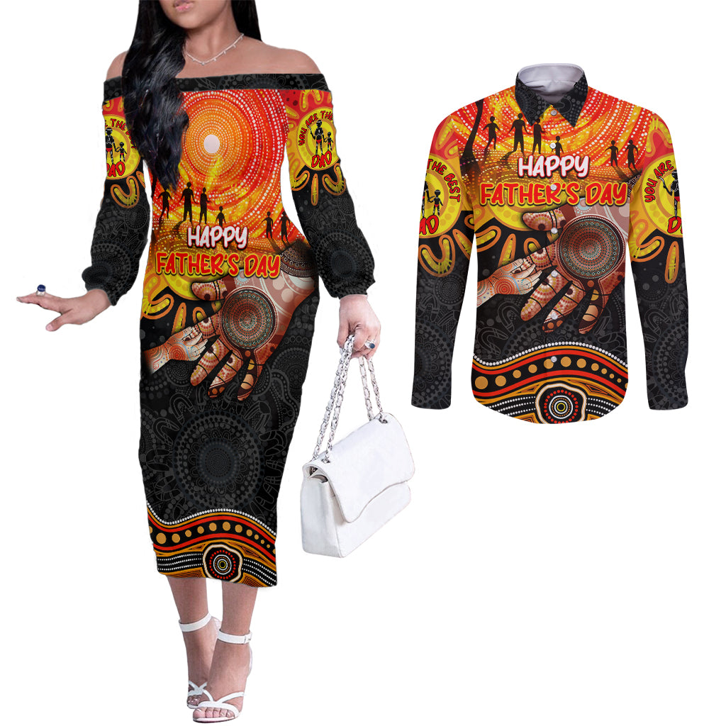 Personalised Happy Father's Day Couples Matching Off The Shoulder Long Sleeve Dress and Long Sleeve Button Shirt Best Dad Australia Aboriginal