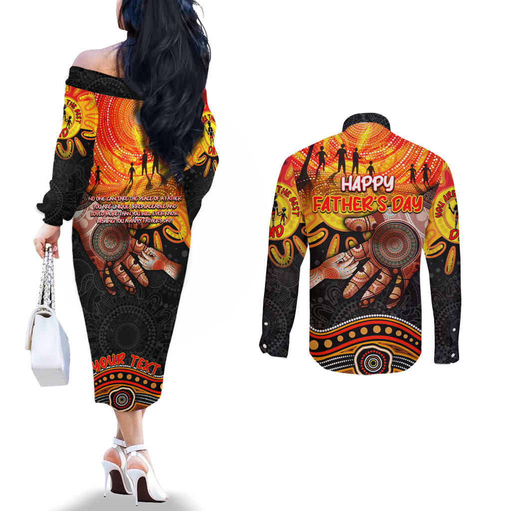 Personalised Happy Father's Day Couples Matching Off The Shoulder Long Sleeve Dress and Long Sleeve Button Shirt Best Dad Australia Aboriginal