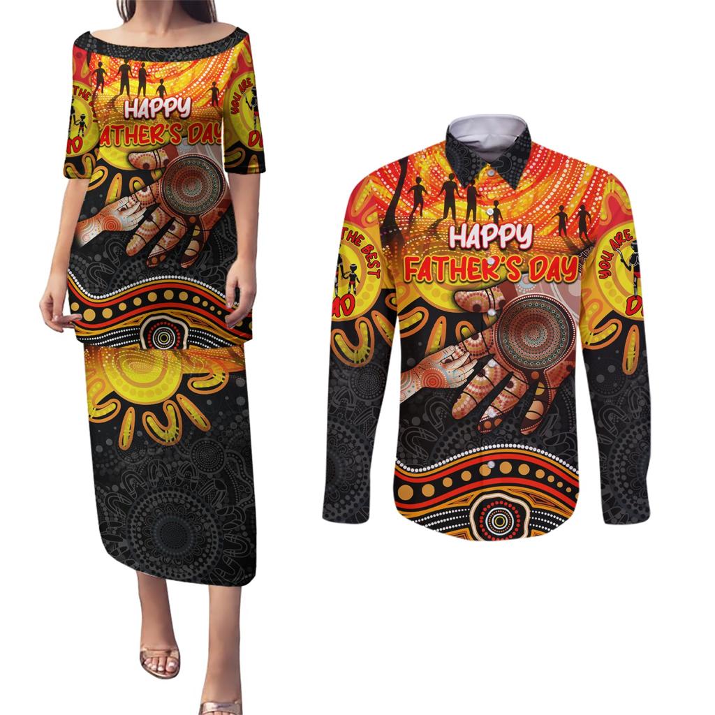 Personalised Happy Father's Day Couples Matching Puletasi and Long Sleeve Button Shirt Best Dad Australia Aboriginal