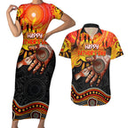 Personalised Happy Father's Day Couples Matching Short Sleeve Bodycon Dress and Hawaiian Shirt Best Dad Australia Aboriginal
