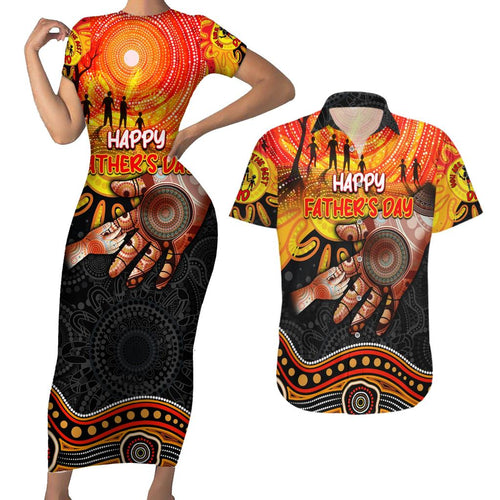 Personalised Happy Father's Day Couples Matching Short Sleeve Bodycon Dress and Hawaiian Shirt Best Dad Australia Aboriginal