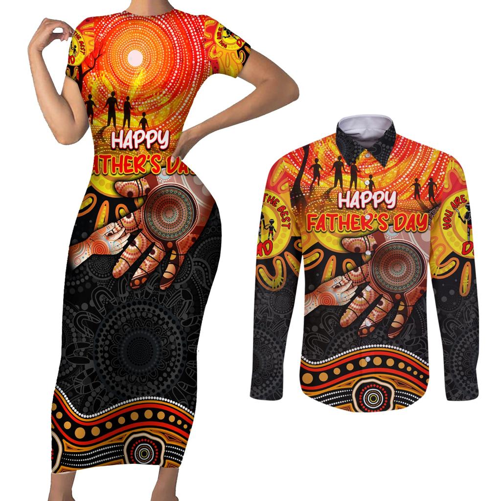 Personalised Happy Father's Day Couples Matching Short Sleeve Bodycon Dress and Long Sleeve Button Shirt Best Dad Australia Aboriginal