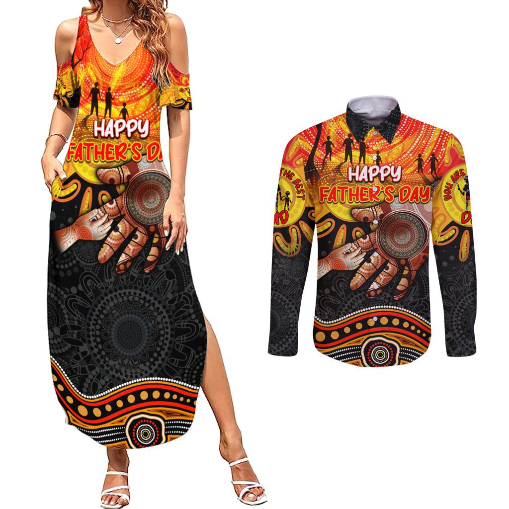Personalised Happy Father's Day Couples Matching Summer Maxi Dress and Long Sleeve Button Shirt Best Dad Australia Aboriginal