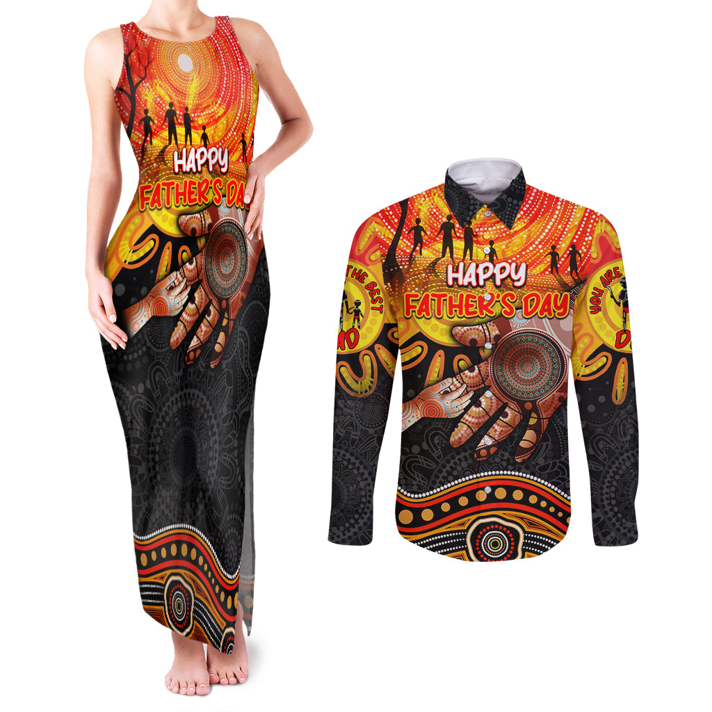 Personalised Happy Father's Day Couples Matching Tank Maxi Dress and Long Sleeve Button Shirt Best Dad Australia Aboriginal