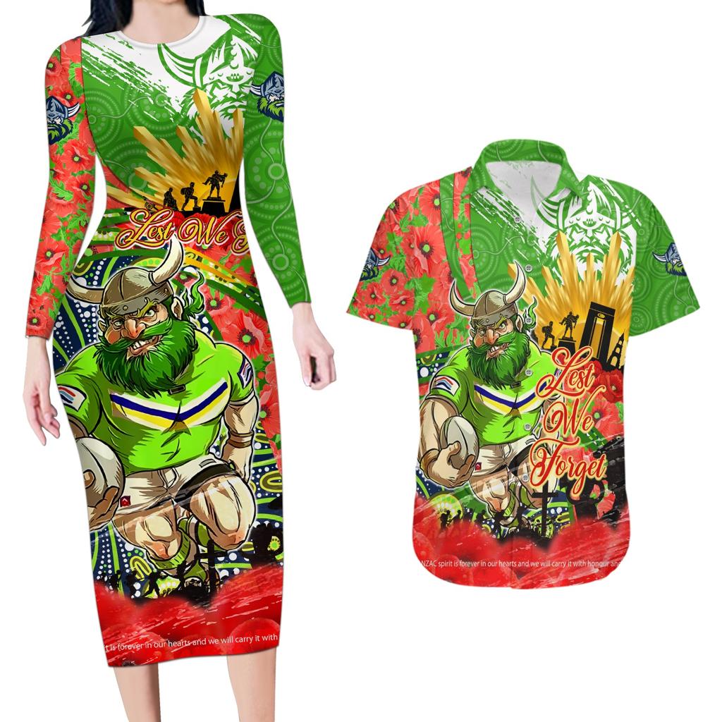 Personalised Mascot Raiders ANZAC Couples Matching Long Sleeve Bodycon Dress and Hawaiian Shirt Lest We Forget