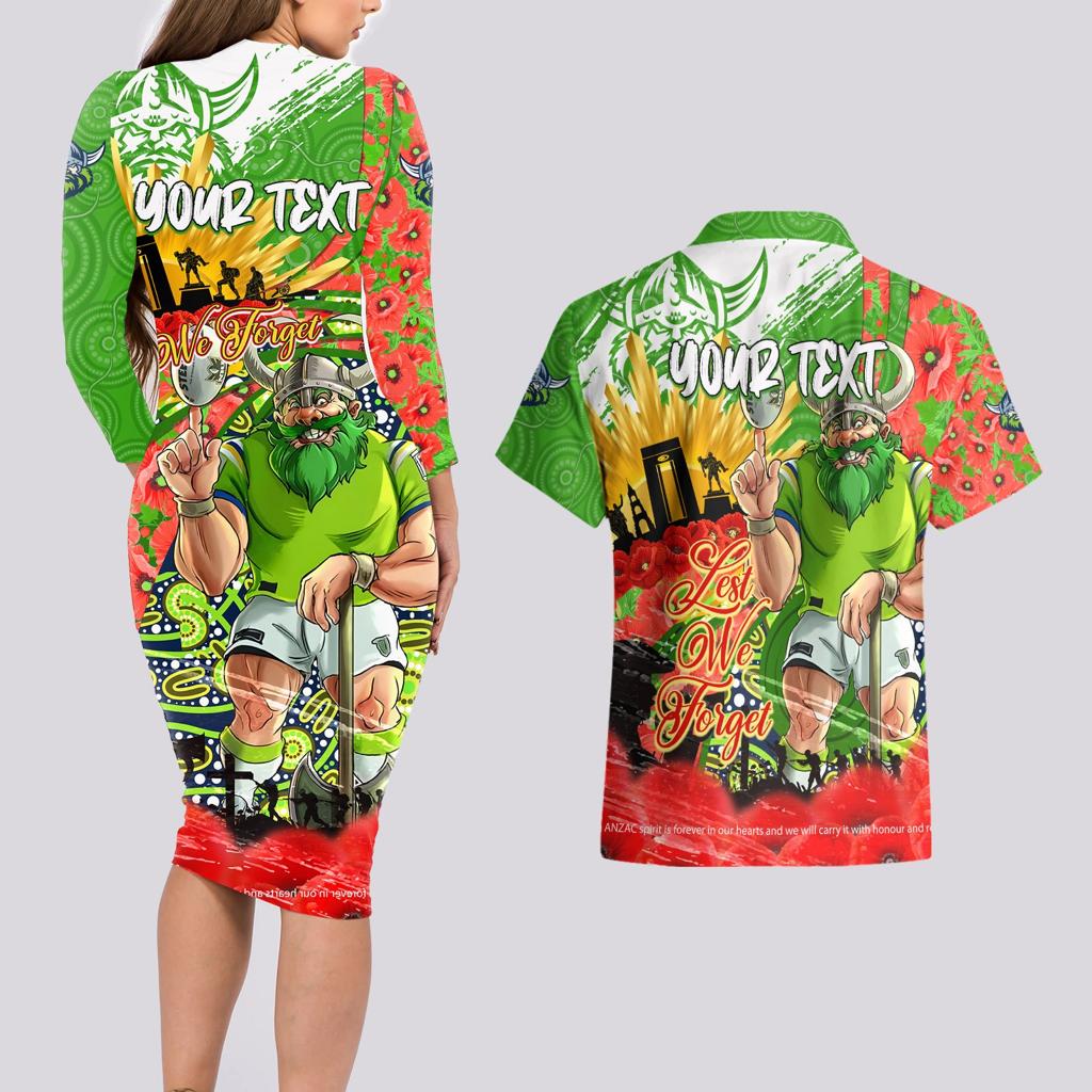 Personalised Mascot Raiders ANZAC Couples Matching Long Sleeve Bodycon Dress and Hawaiian Shirt Lest We Forget