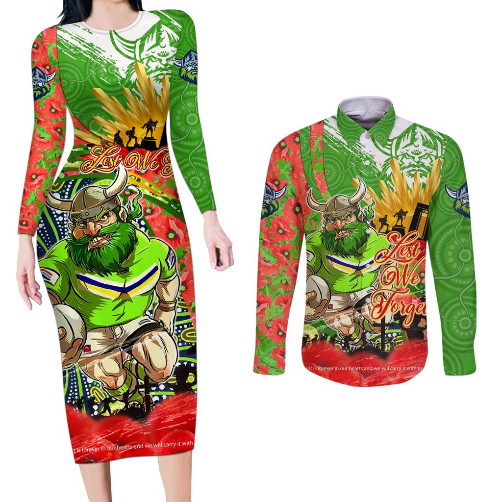 Personalised Mascot Raiders ANZAC Couples Matching Long Sleeve Bodycon Dress and Long Sleeve Button Shirt Lest We Forget