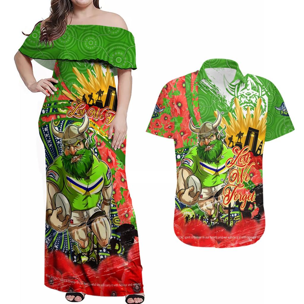 Personalised Mascot Raiders ANZAC Couples Matching Off Shoulder Maxi Dress and Hawaiian Shirt Lest We Forget