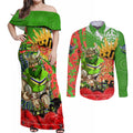 Personalised Mascot Raiders ANZAC Couples Matching Off Shoulder Maxi Dress and Long Sleeve Button Shirt Lest We Forget