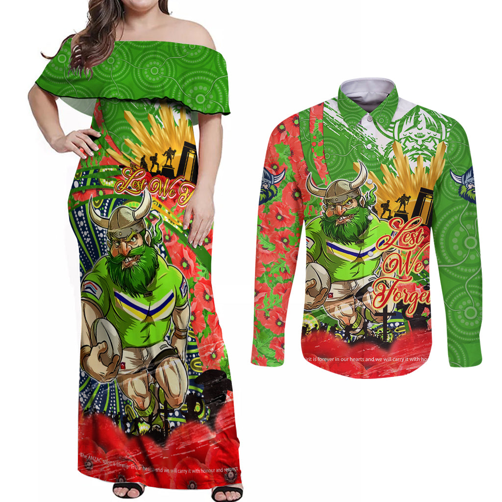 Personalised Mascot Raiders ANZAC Couples Matching Off Shoulder Maxi Dress and Long Sleeve Button Shirt Lest We Forget