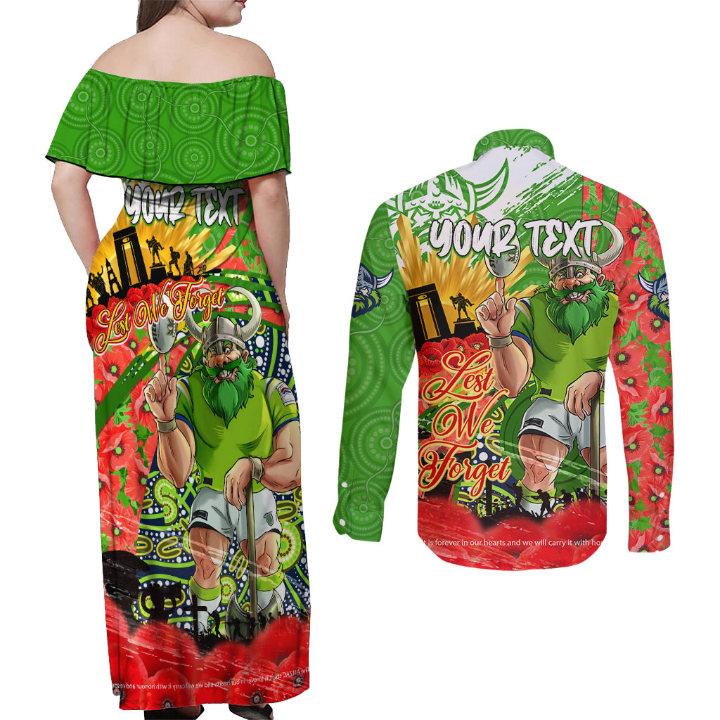 Personalised Mascot Raiders ANZAC Couples Matching Off Shoulder Maxi Dress and Long Sleeve Button Shirt Lest We Forget
