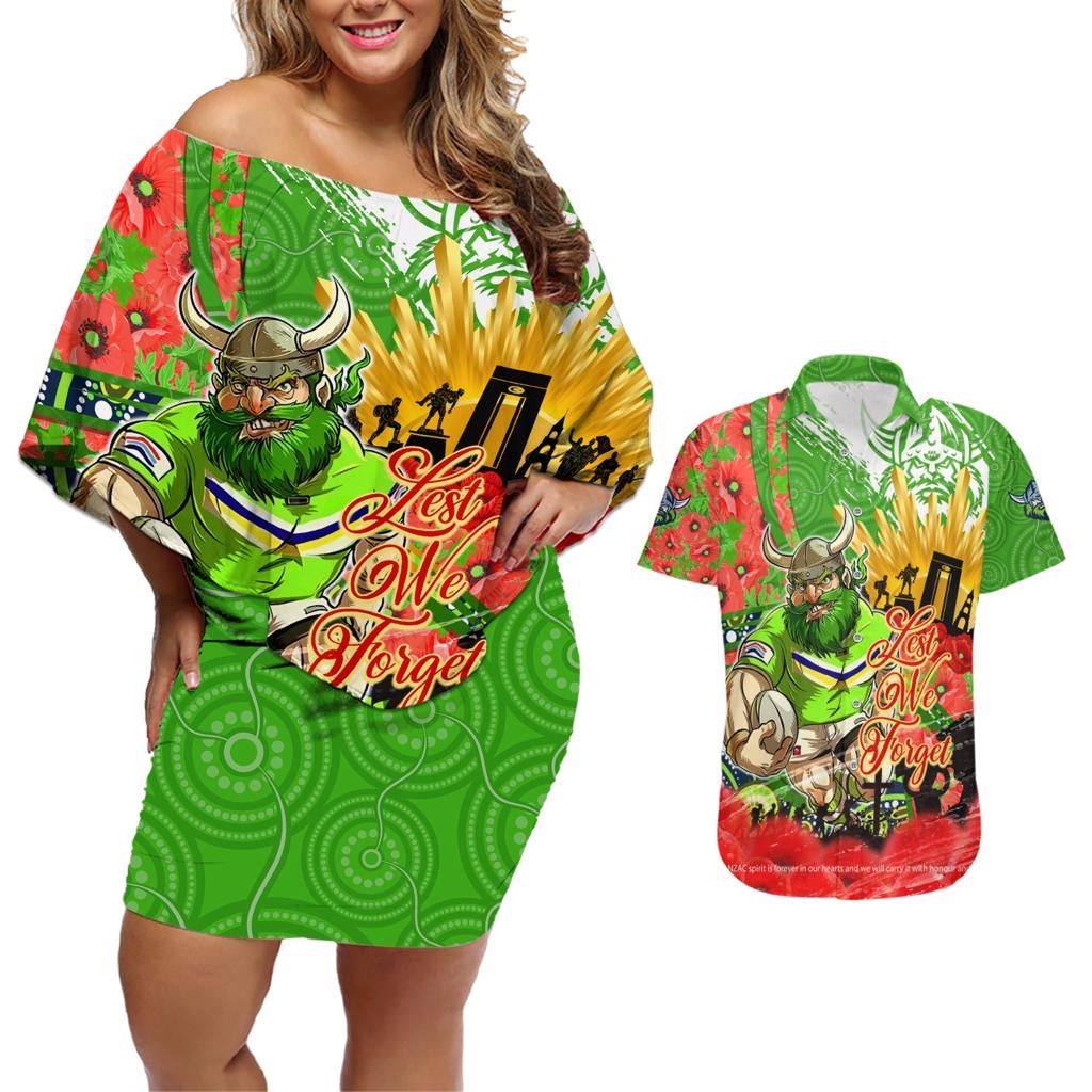 Personalised Mascot Raiders ANZAC Couples Matching Off Shoulder Short Dress and Hawaiian Shirt Lest We Forget