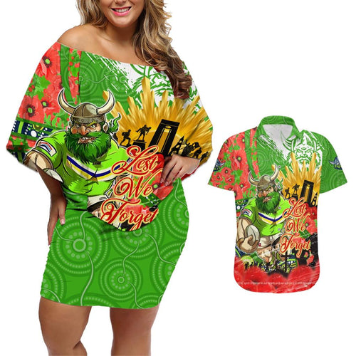 Personalised Mascot Raiders ANZAC Couples Matching Off Shoulder Short Dress and Hawaiian Shirt Lest We Forget