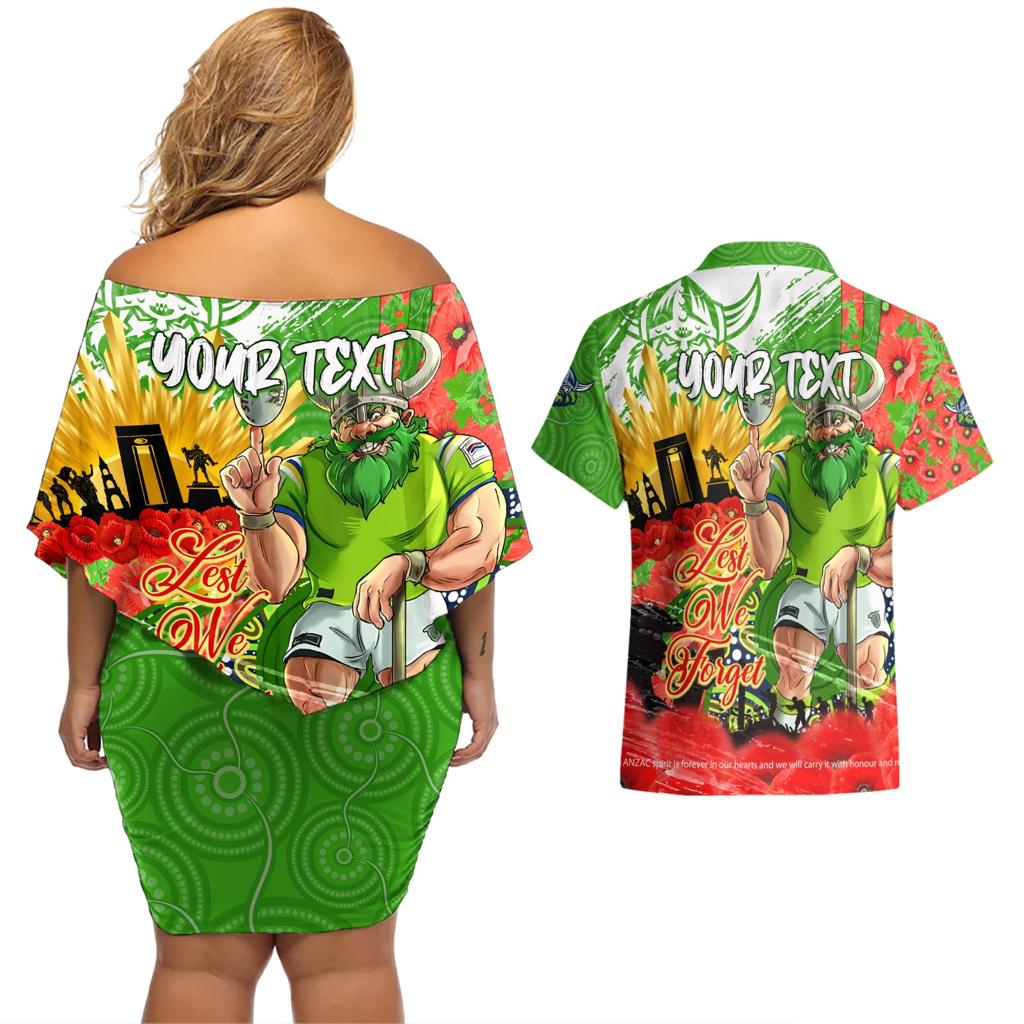 Personalised Mascot Raiders ANZAC Couples Matching Off Shoulder Short Dress and Hawaiian Shirt Lest We Forget