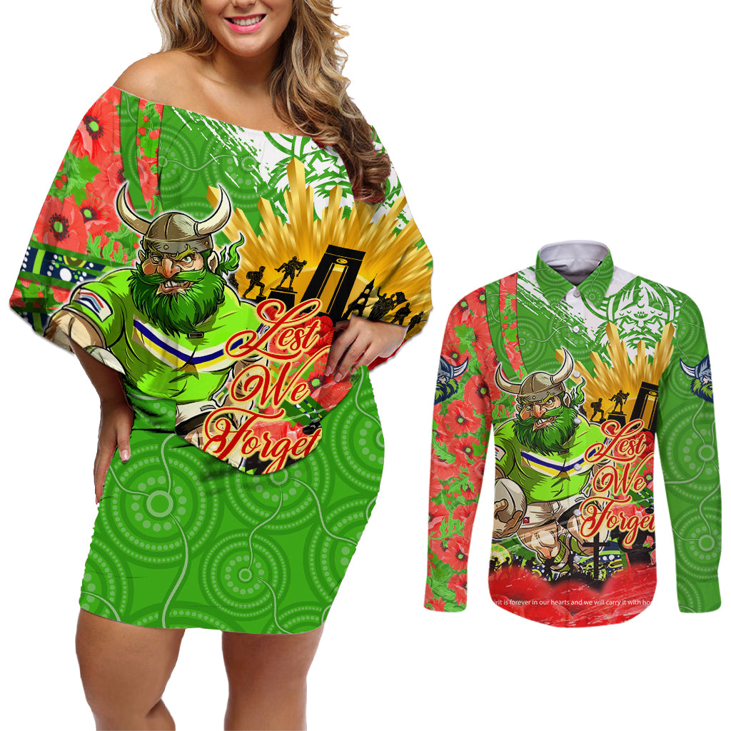 Personalised Mascot Raiders ANZAC Couples Matching Off Shoulder Short Dress and Long Sleeve Button Shirt Lest We Forget
