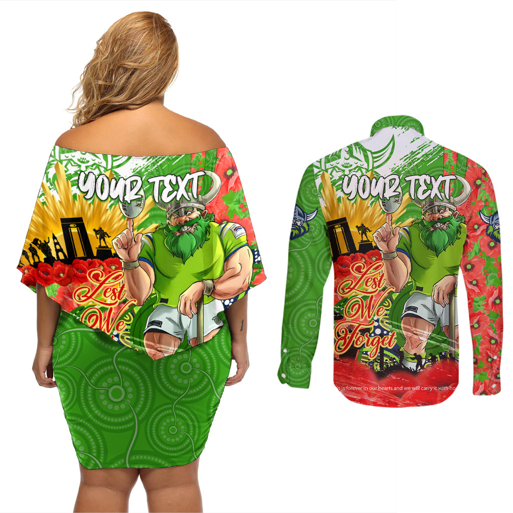 Personalised Mascot Raiders ANZAC Couples Matching Off Shoulder Short Dress and Long Sleeve Button Shirt Lest We Forget
