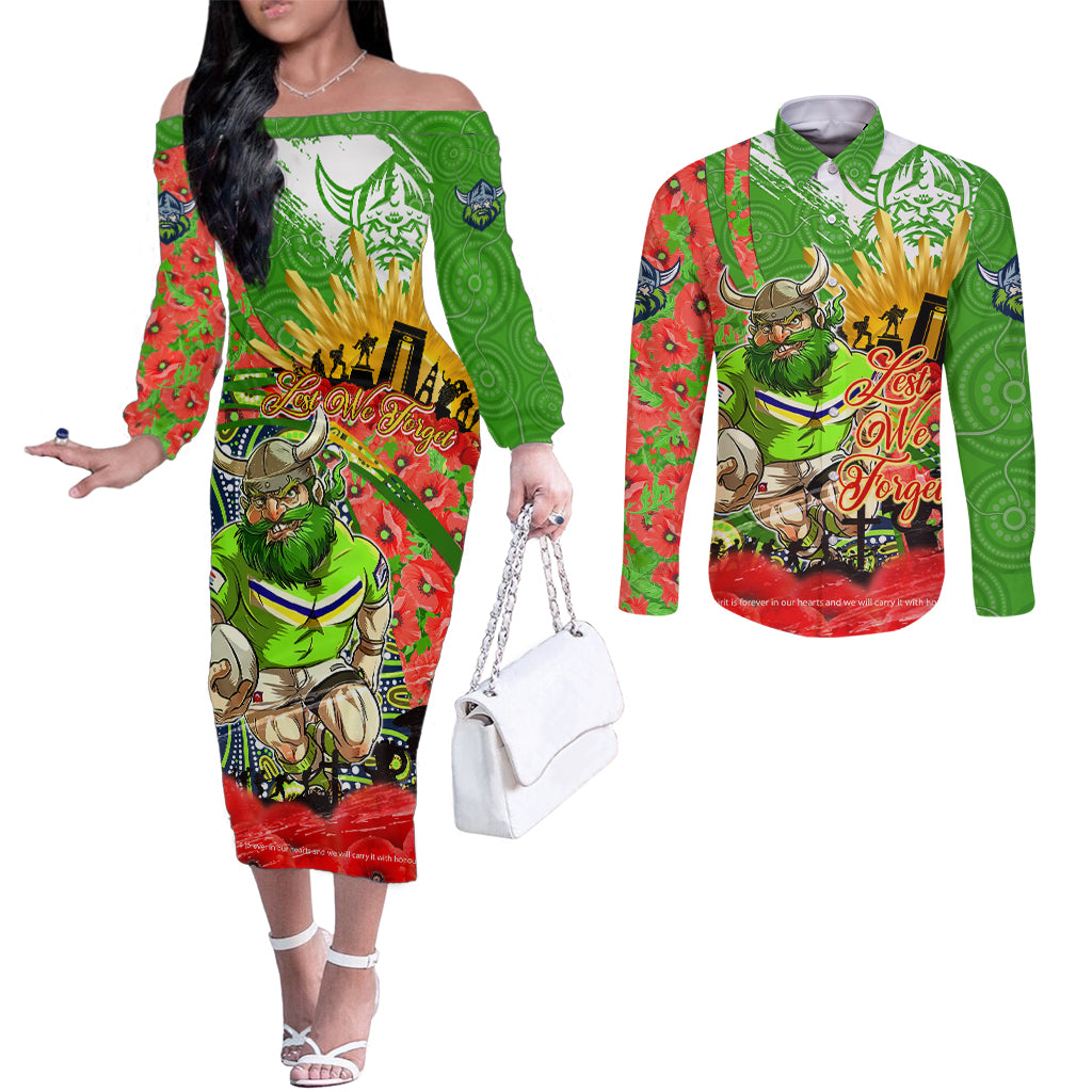 Personalised Mascot Raiders ANZAC Couples Matching Off The Shoulder Long Sleeve Dress and Long Sleeve Button Shirt Lest We Forget