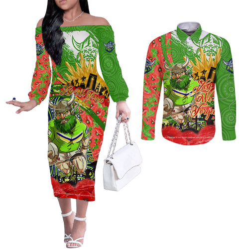 Personalised Mascot Raiders ANZAC Couples Matching Off The Shoulder Long Sleeve Dress and Long Sleeve Button Shirt Lest We Forget
