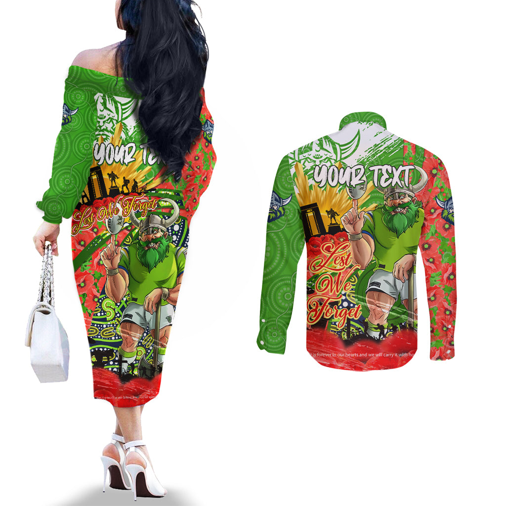 Personalised Mascot Raiders ANZAC Couples Matching Off The Shoulder Long Sleeve Dress and Long Sleeve Button Shirt Lest We Forget