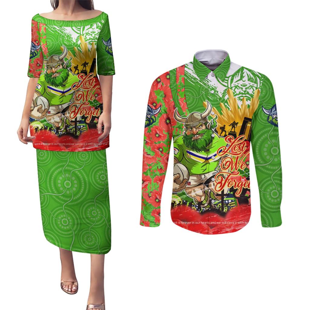 Personalised Mascot Raiders ANZAC Couples Matching Puletasi and Long Sleeve Button Shirt Lest We Forget