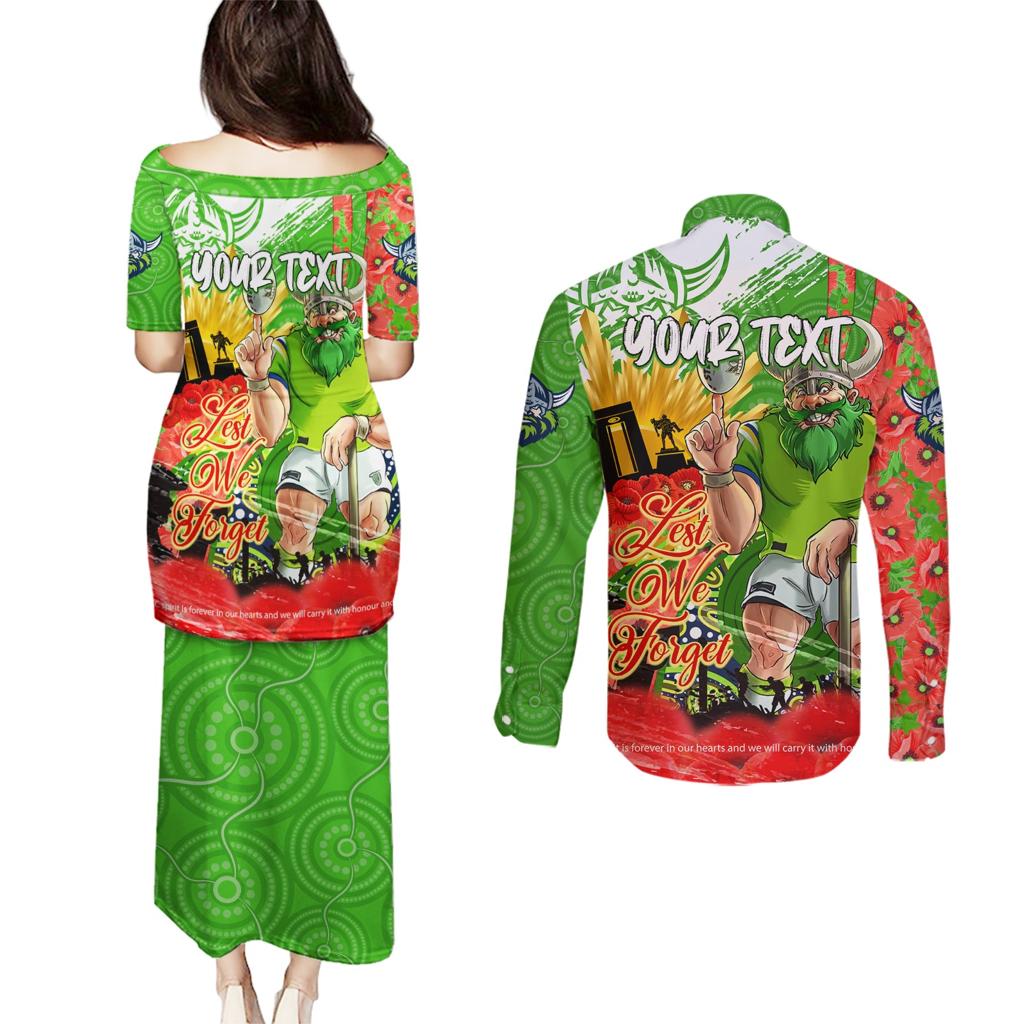 Personalised Mascot Raiders ANZAC Couples Matching Puletasi and Long Sleeve Button Shirt Lest We Forget
