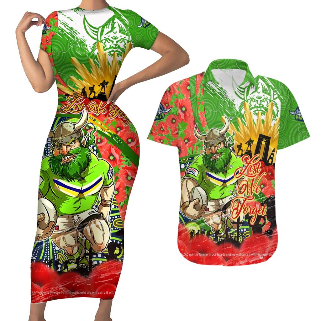 Personalised Mascot Raiders ANZAC Couples Matching Short Sleeve Bodycon Dress and Hawaiian Shirt Lest We Forget