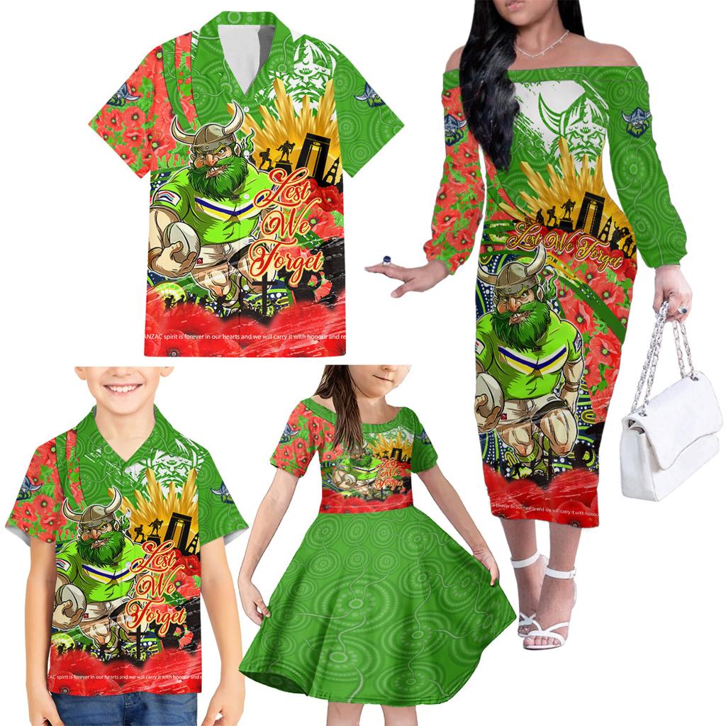 Personalised Mascot Raiders ANZAC Family Matching Off The Shoulder Long Sleeve Dress and Hawaiian Shirt Lest We Forget