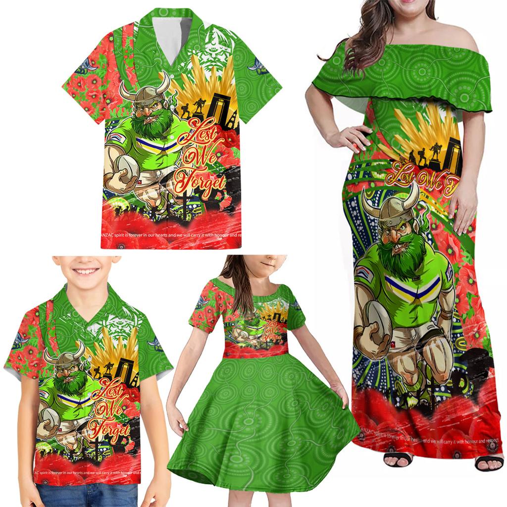 Personalised Mascot Raiders ANZAC Family Matching Off Shoulder Maxi Dress and Hawaiian Shirt Lest We Forget